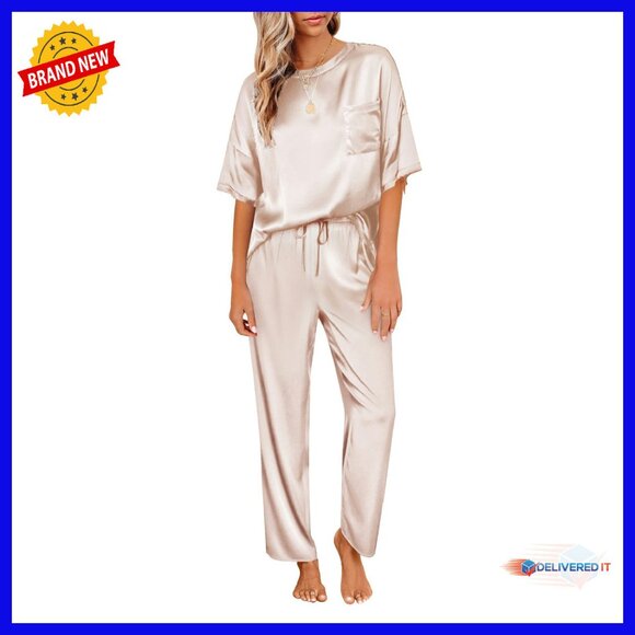 Satin Pajama Set Short Sleeve Top Long Pants Soft Lounge Wear
